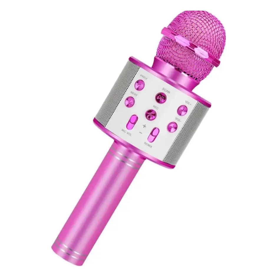 Microphone karaoké portable rose avec grille en métal et boutons de contrôle sur corps argenté conçu pour enfants