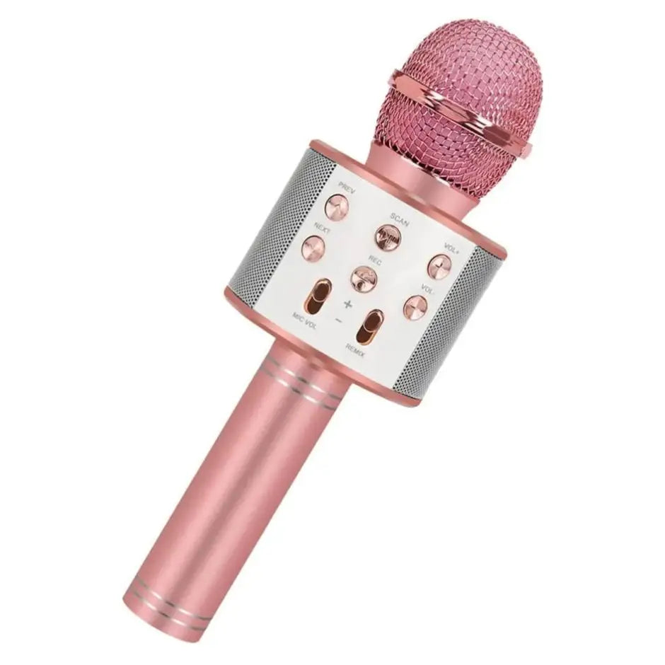 Microphone karaoké portable rose gold avec grille en mesh et boutons de contrôle spécialement conçu pour enfants