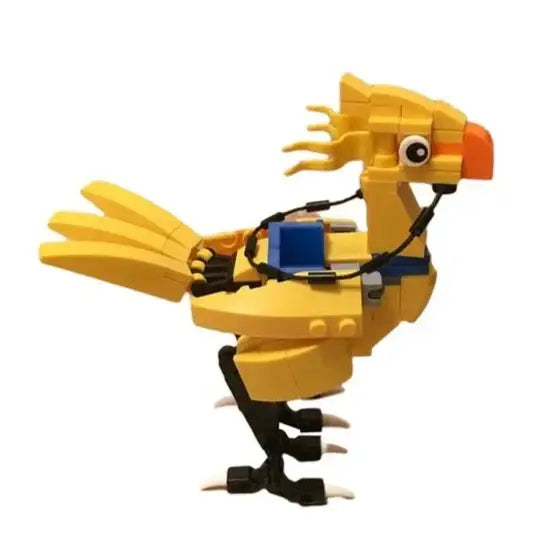 Mini bloc construction final fantasy de chocobo jaune avec bec orange pattes noires et selle bleue en lego