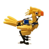 Mini bloc construction final fantasy de chocobo jaune avec bec orange pattes noires et selle bleue en lego