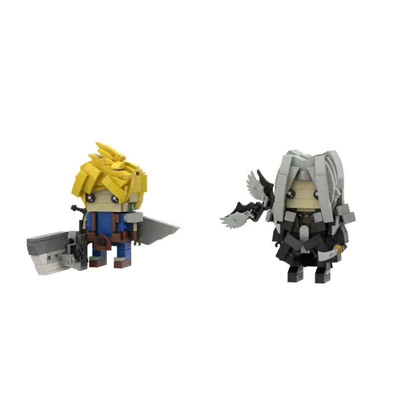 Deux figurines mini bloc construction final fantasy en tenue bleue et noire avec épée et ailes en construction bloc final fantasy