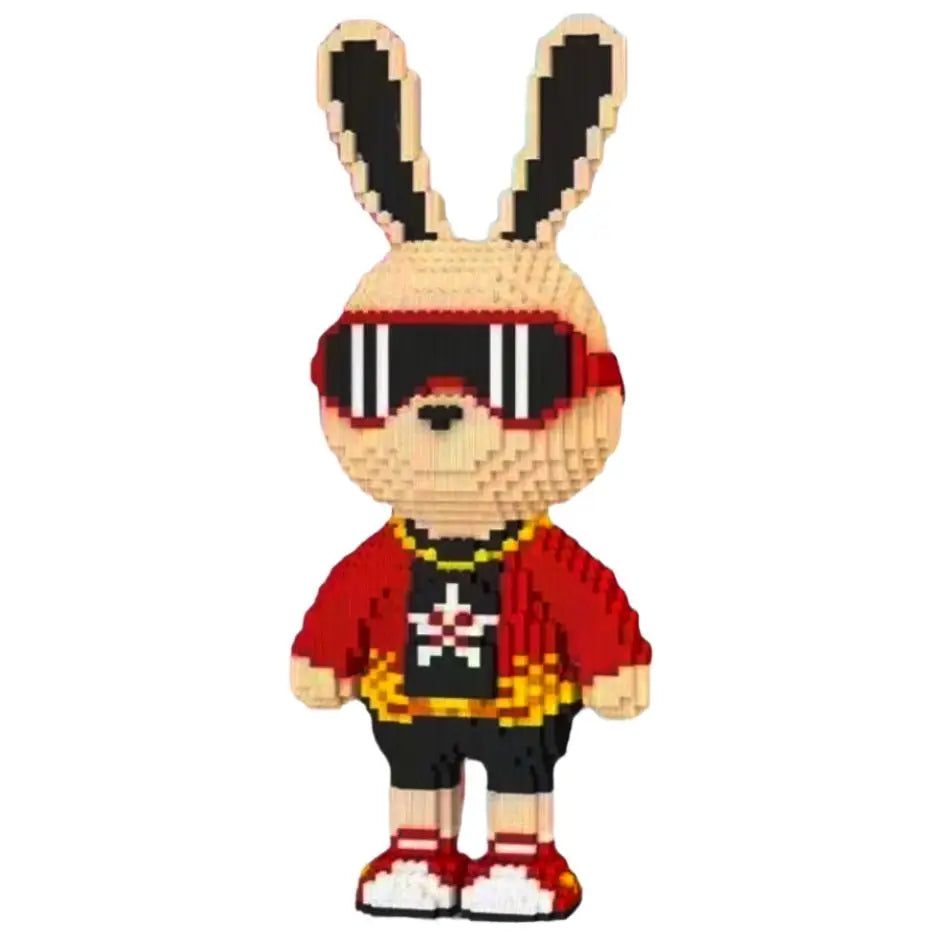 Mini block construction lapin fashion avec lapin pixelisé aux oreilles noires, lunettes rouges et veste rouge stylée