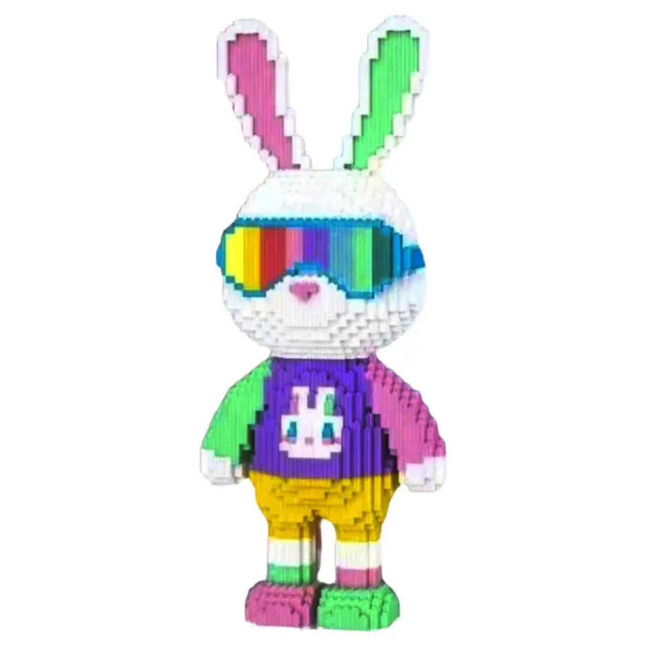 Mini figurine lapin colorée en briques plastiques avec lunettes arc-en-ciel dans construction lapin fashion