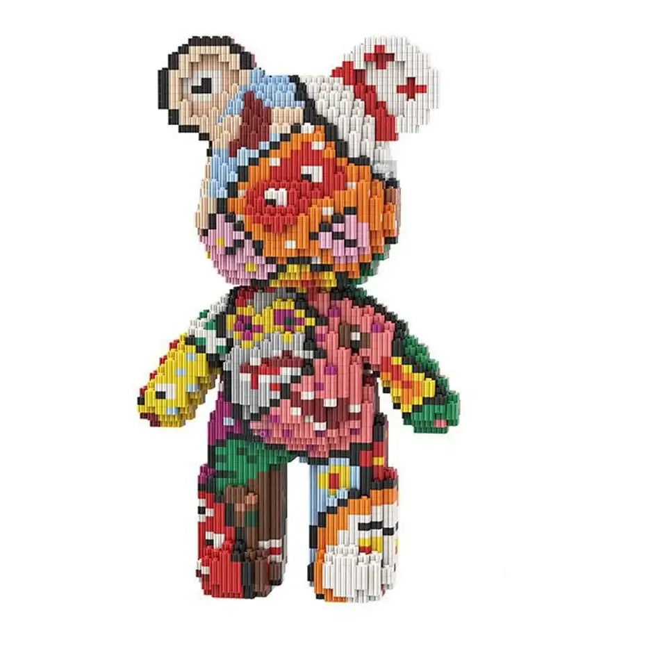 Mini-blocs ours bearbrick figurine pixelisée en briques plastique colorée orange avec joues roses et chapeau à motifs