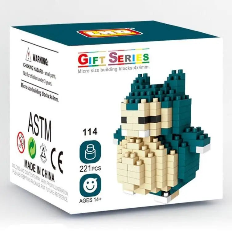Ensemble mini brique figurines pokémon en micro briques couleur teal et beige avec figurine pixelisée snorlax