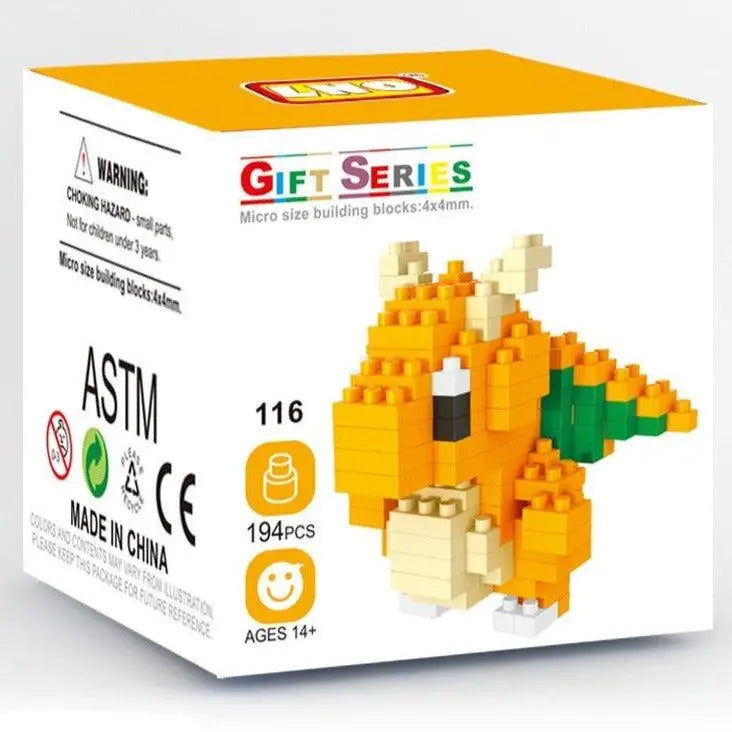 Mini brique figurines pokémon en nano bricks orange et vert représentant un personnage pokémon en micro taille