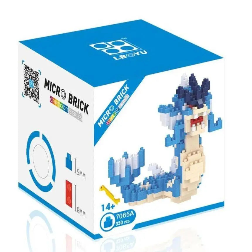 Figurine mini brique pokémon lapras pixelisée bleue et blanche construite en nano bricks pour collection