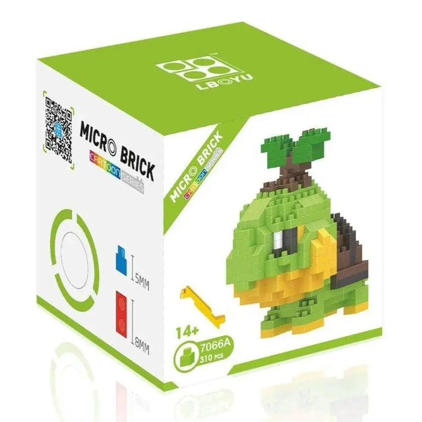 Mini brique figurines pokémon turtle en micro briques vert et jaune par lboyu en nano bricks détaillées