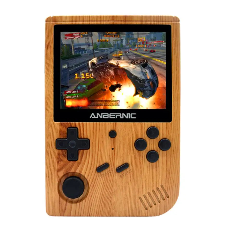 Mini console de jeu rétro en bois avec émulateur intégré ps1 et écran affichant un jeu d’action