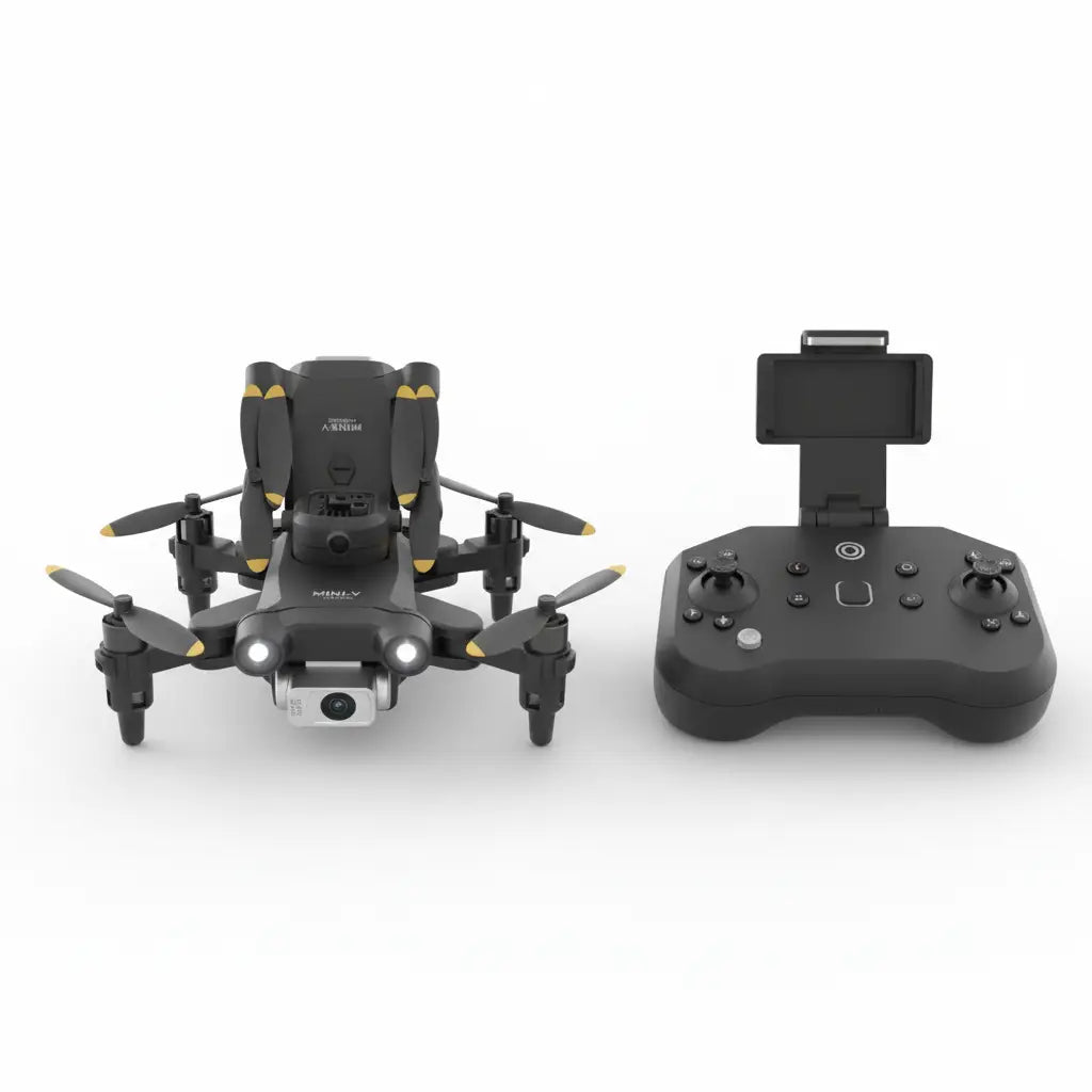 Mini drone pliable noir et jaune avec caméra hd 1080p et vol stable, télécommande noire avec maintien d’altitude et support smartphone