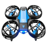 Mini drone v8 quadricoptère bleu et noir avec caméra hd 4k et protections circulaires autour des hélices wifi fpv drone