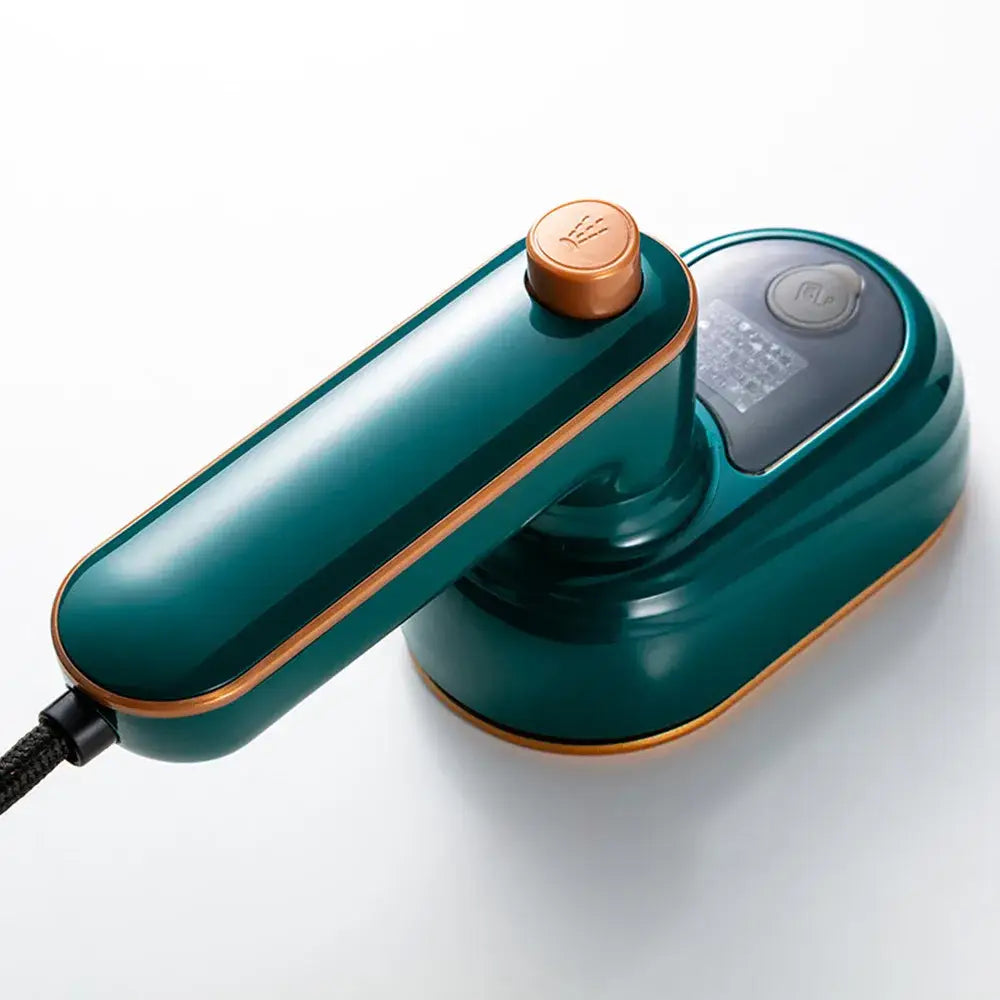 Mini fer à vapeur portatif teal avec accents dorés au design moderne pour un repassage efficace et compact