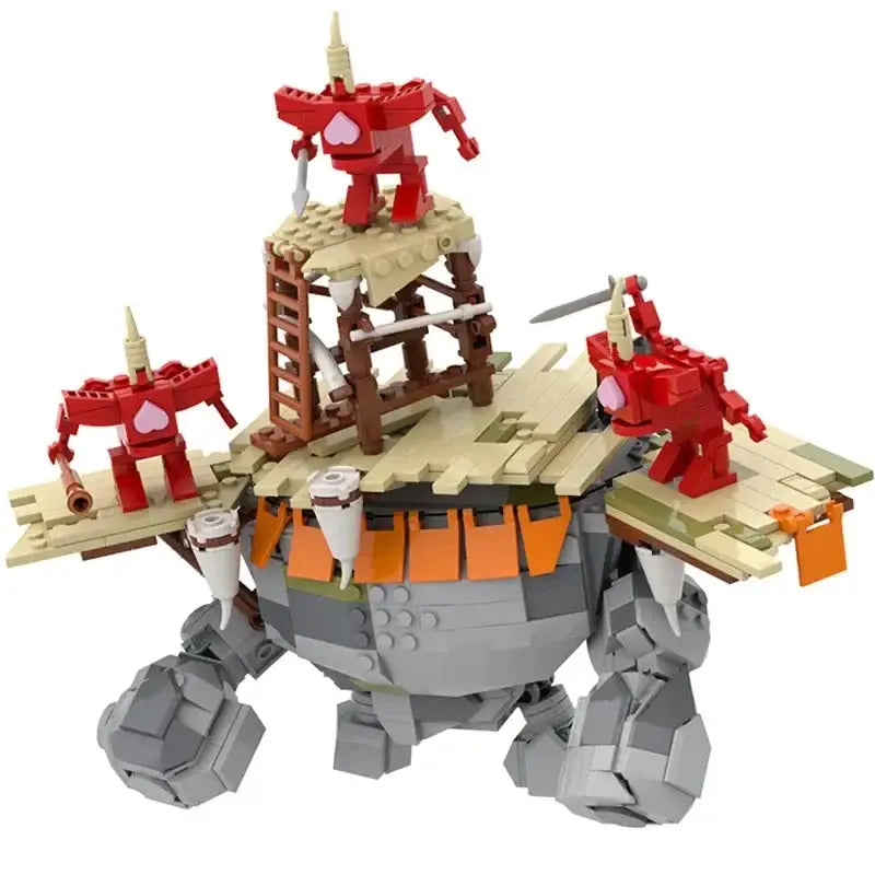 Jeu compatible lego monstre pierre zelda totk avec trois robots rouges au cœur en forme de cœur sur plateforme rocheuse multi-niveaux