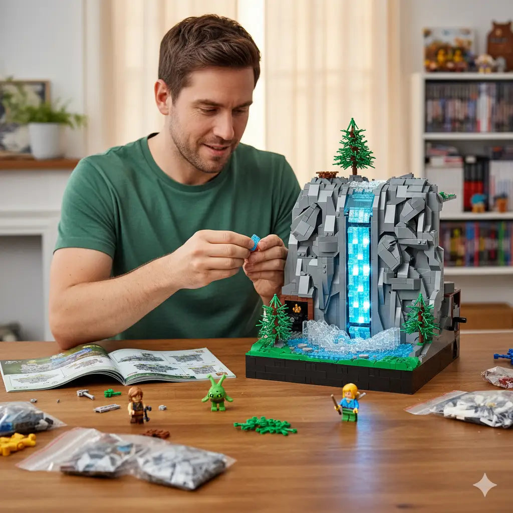 Lego zelda montagne en briques avec falaise grise, cascade bleue illuminée, arbres verts et figurines détaillées
