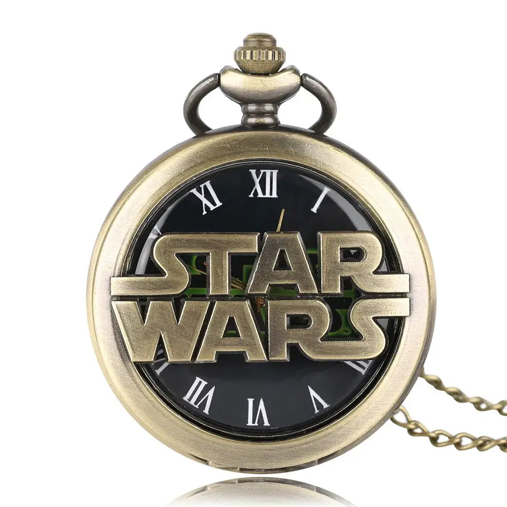 Montre à gousset star wars vintage en laiton avec cadran noir, chiffres romains blancs et logo star wars doré en relief
