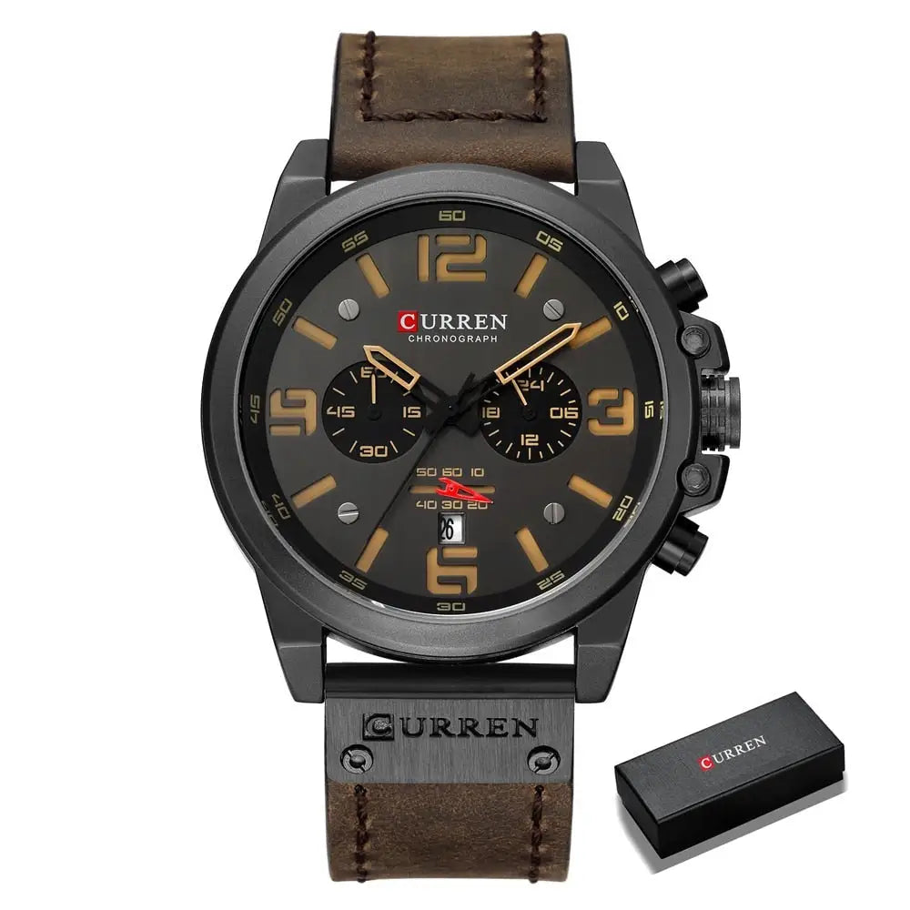 Montre à quartz homme avec chronographe noir, bracelet cuir marron et accents dorés design élégant accessoire intemporel