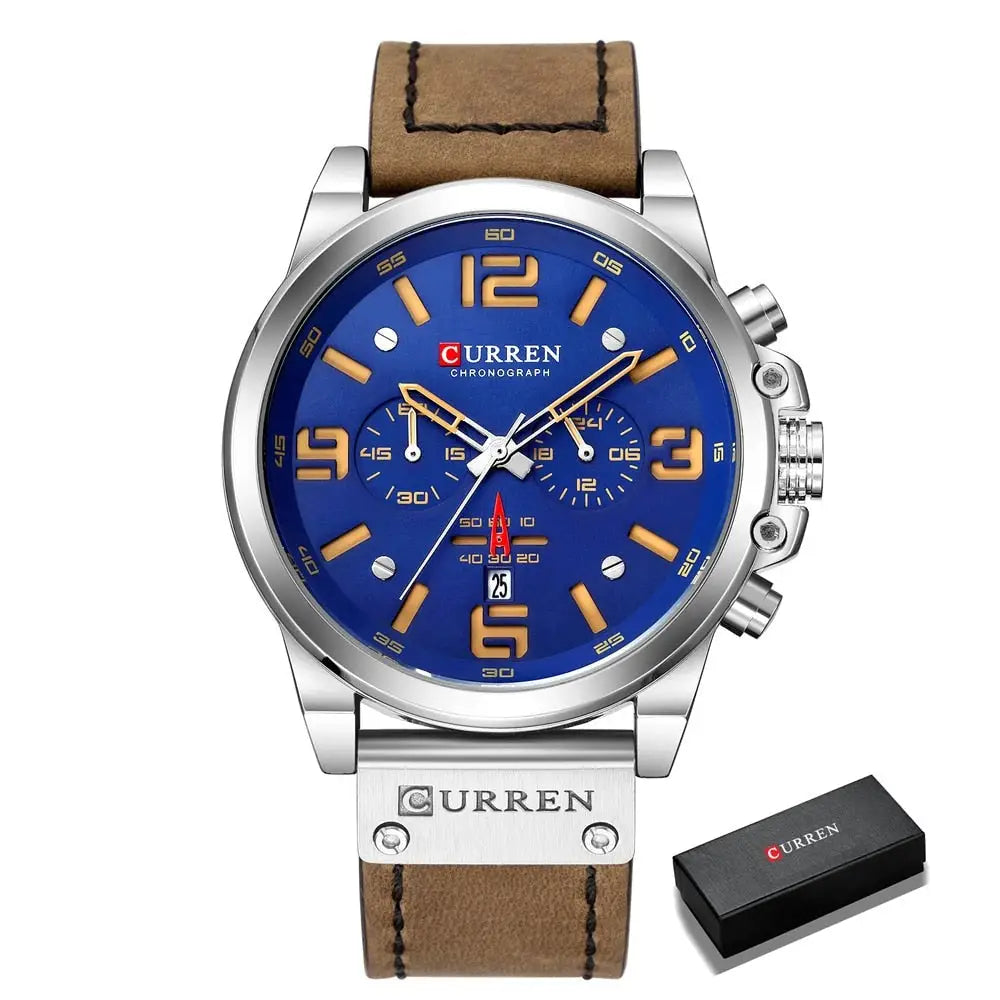 Montre à quartz curren avec cadran bleu vibrant, chiffres dorés, boîtier argenté et bracelet cuir tan, accessoire intemporel au design élégant