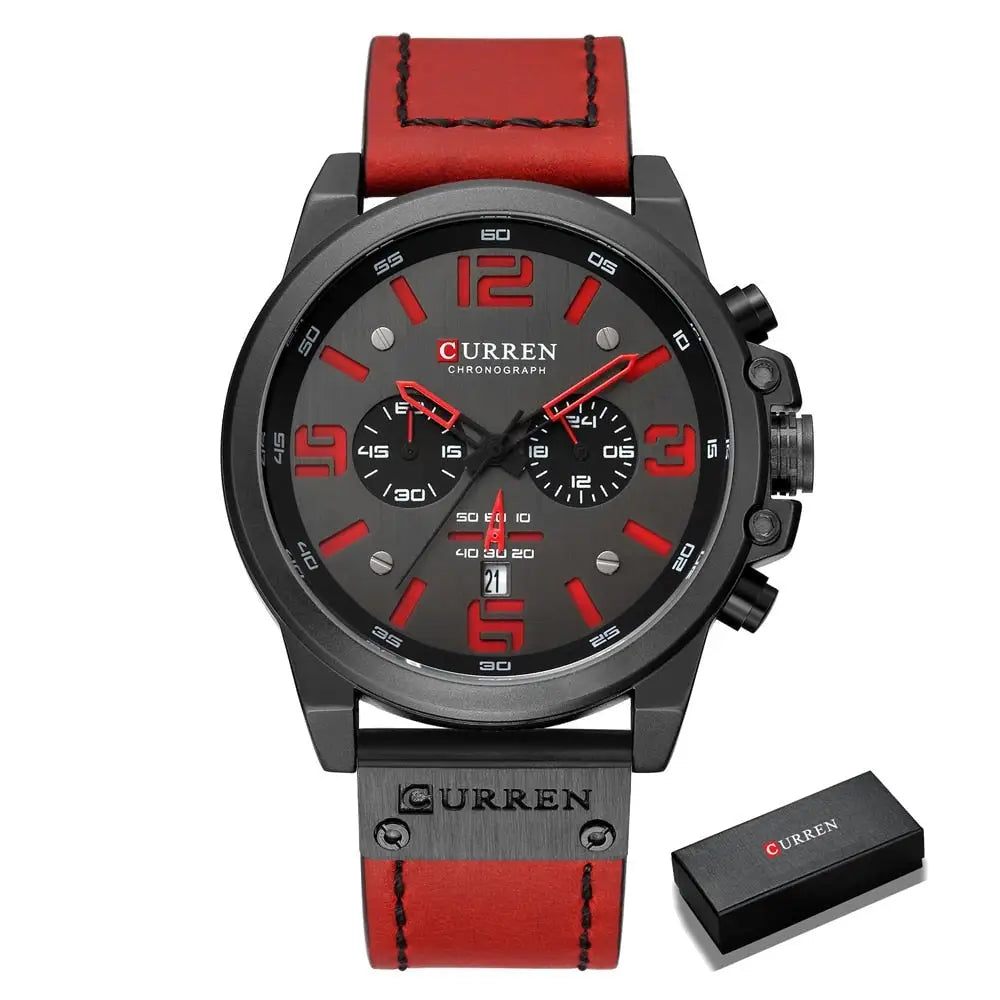 Montre à quartz homme avec bracelet en cuir rouge et design élégant cadran chronographe rouge et noir accessoire intemporel