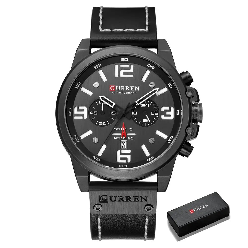 Montre à quartz homme en cuir noir avec boîtier mat noir, chiffres arabes blancs et design élégant intemporel