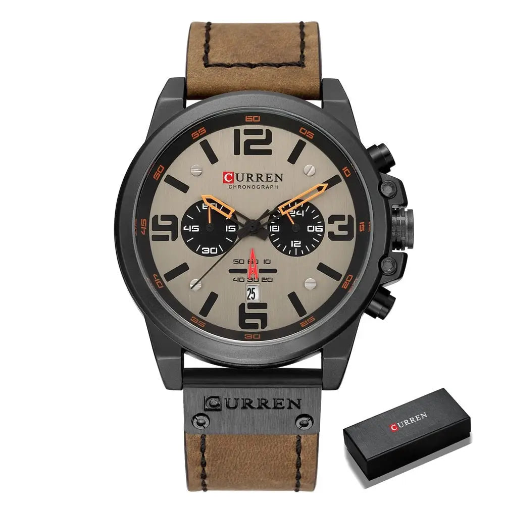 Montre à quartz homme avec cadran beige, aiguilles orange, sous-cadrans noirs, bracelet cuir marron et boîtier acier inoxydable, accessoire intemporel au design élégant