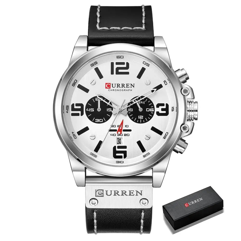 Montre à quartz homme avec boîtier argenté, cadran blanc, bracelet cuir noir à coutures contrastantes, design élégant et accessoire intemporel