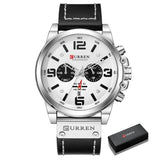 Montre à quartz homme avec boîtier argenté, cadran blanc, bracelet cuir noir à coutures contrastantes, design élégant et accessoire intemporel