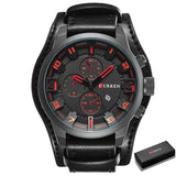 Montre-bracelet étanche quartz curren en cuir noir avec cadran noir et accents rouges doté d’une finition parfaite