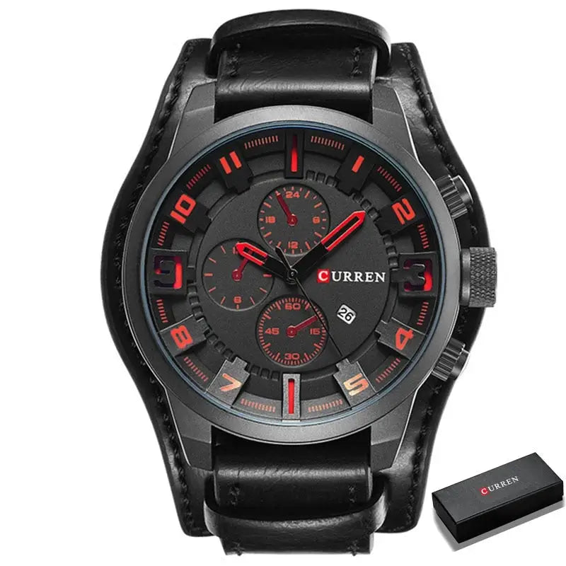 Montre-bracelet étanche quartz curren en cuir noir avec cadran noir et accents rouges doté d’une finition parfaite