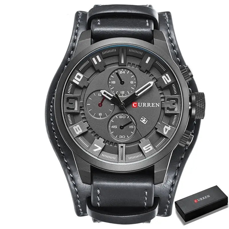 Montre-bracelet étanche quartz doté d’une finition parfaite avec bracelet cuir noir et cadran gris foncé aux chiffres blancs