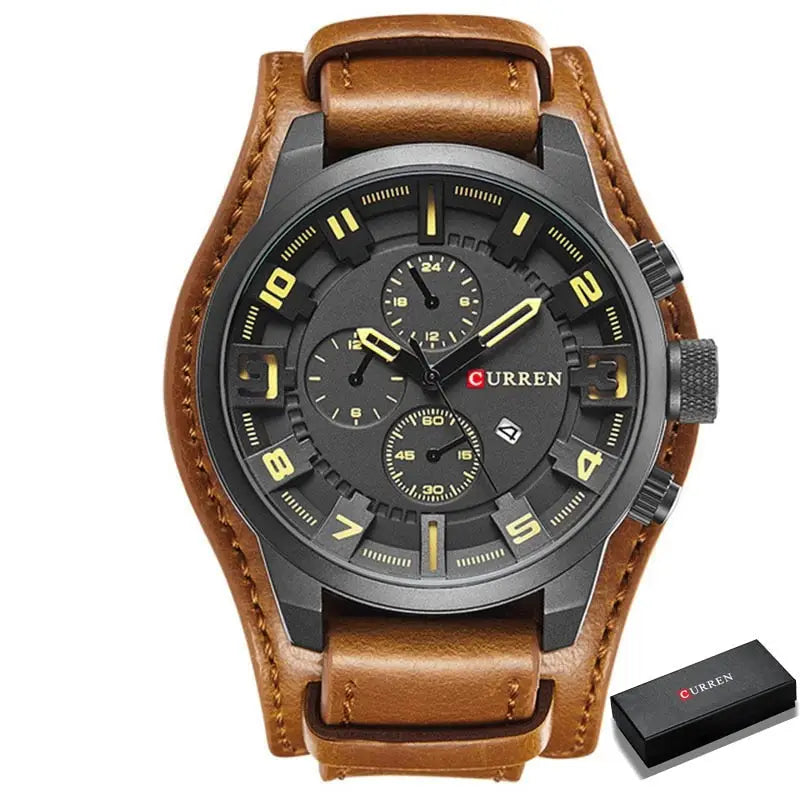 Montre-bracelet étanche quartz en cuir marron avec cadran noir et chiffres jaunes doté d’une finition parfaite