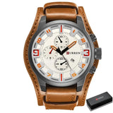 Montre-bracelet étanche quartz en cuir marron dotée d’une finition parfaite avec cadran blanc et aiguilles noires et orange