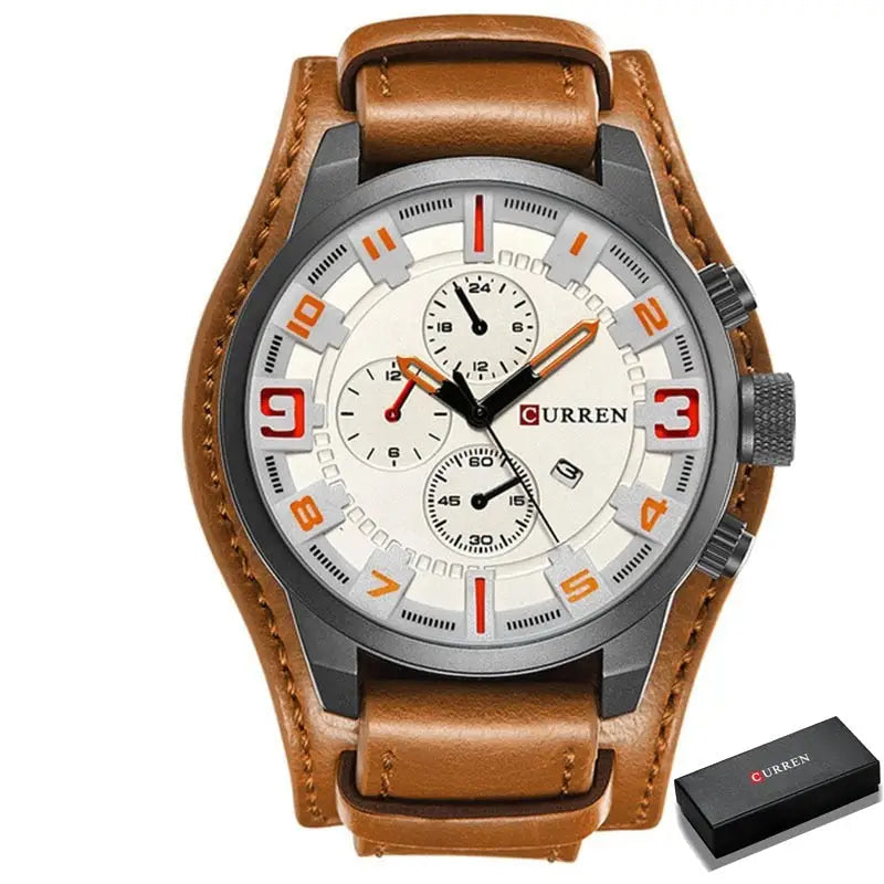Montre-bracelet étanche quartz en cuir marron dotée d’une finition parfaite avec cadran blanc et aiguilles noires et orange