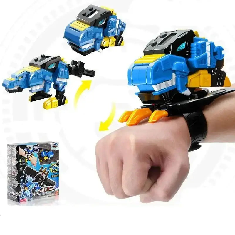 Montre déformation robot super dinosaure bleu et jaune avec accents noirs transformable pour poignet