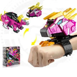 Montre déformation robot super dinosaure rose et jaune avec accents noirs en forme de dinosaure robotique au poignet