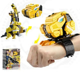 Montre déformation robot super dinosaure jaune avec accents noirs et yeux bleus lumineux modèle robot super dinosaure