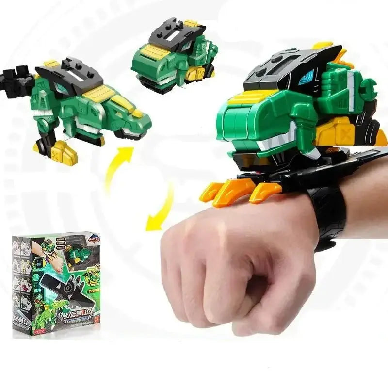 Montre déformation robot super dinosaure verte et jaune avec accents noirs transformable en créature griffue robotique