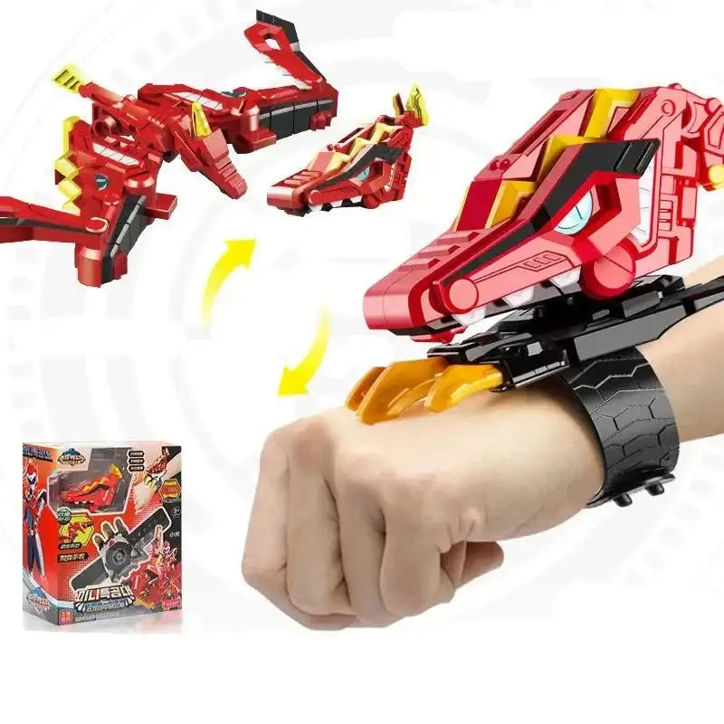 Montre déformation robot super dinosaure rouge et jaune à thème dragon avec accents noirs transformable au poignet