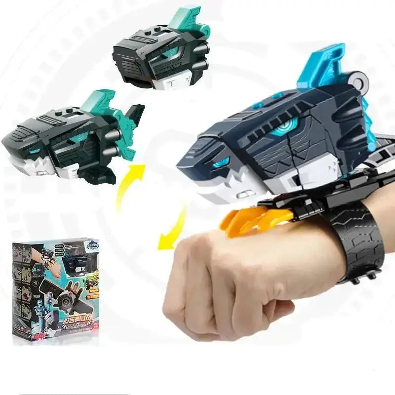 Montre déformation robot super dinosaure noire et bleu teal en forme de requin robotique avec yeux bleus lumineux et gâchette jaune