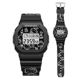 Montre digitale blanche hello kitty waterproof noire avec motifs hello kitty et personnages cartoon sur boîtier, bracelet et écran
