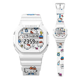 Montre digitale blanche hello kitty waterproof avec design coloré de personnages cartoon sur le cadran et le bracelet