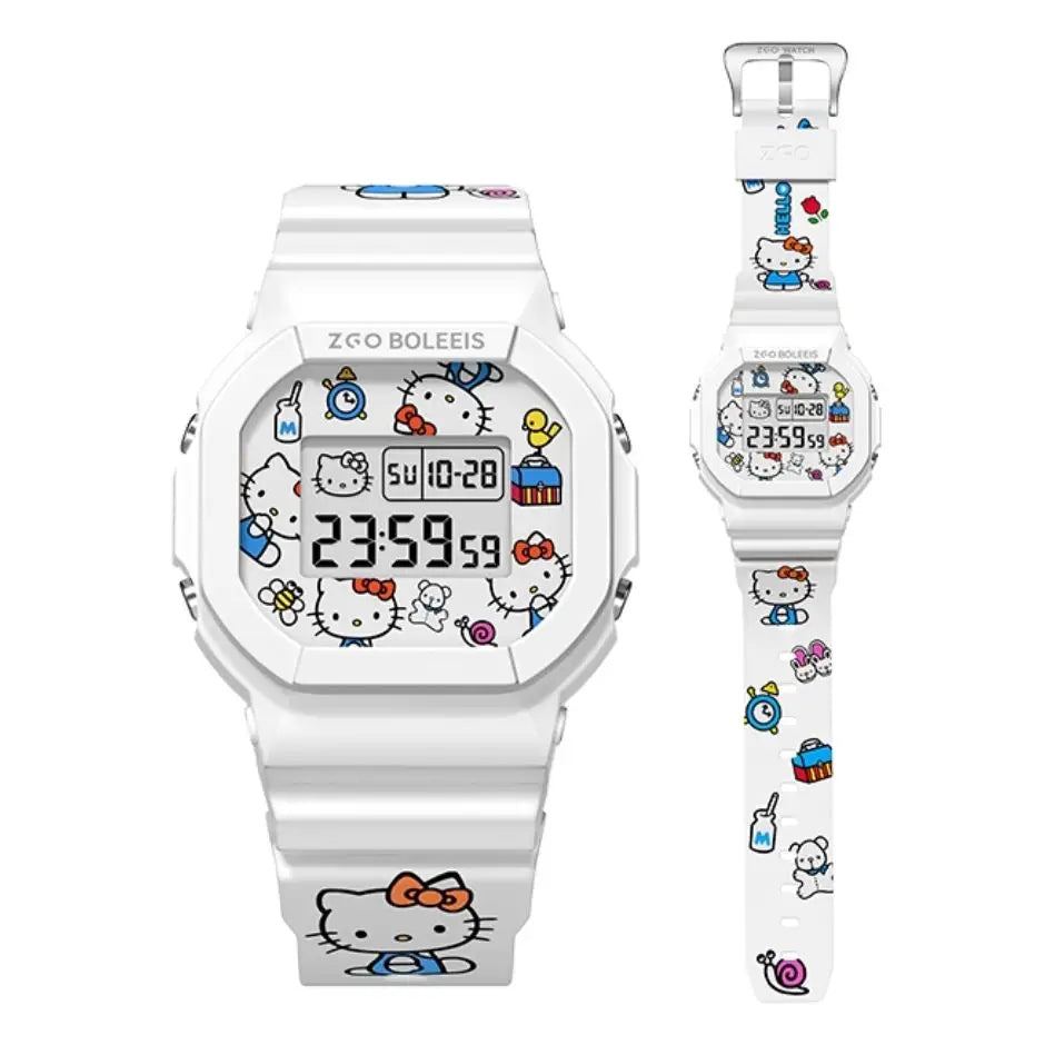Montre digitale blanche hello kitty waterproof avec design coloré de personnages cartoon sur le cadran et le bracelet