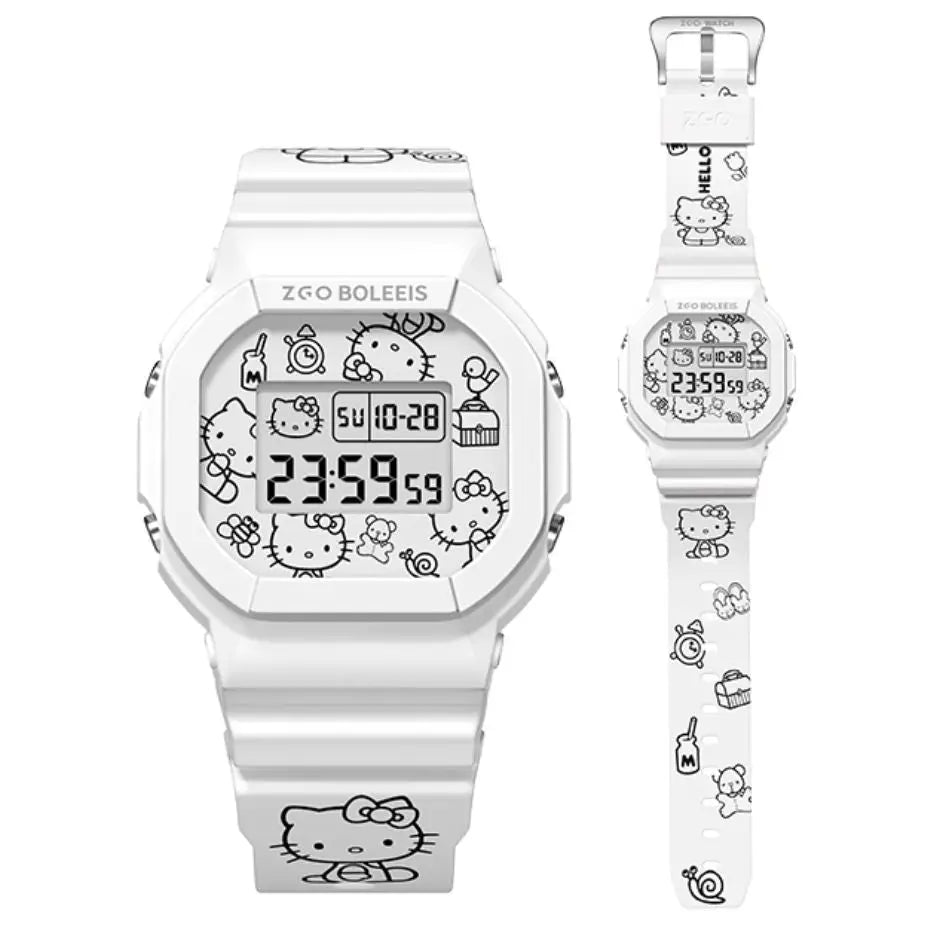 Montre digitale blanche hello kitty zeo boleeis avec illustrations en ligne noire et fonction hello kitty waterproof