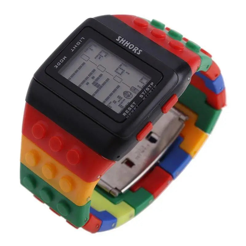 Montre Digitale LED Lego Chic Unisexe avec un bracelet en briques colorées