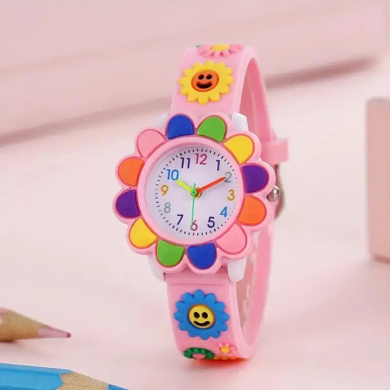 Montre fleur enfant rose avec cadran coloré en forme de fleur et décorations tournesol souriantes pour enfant