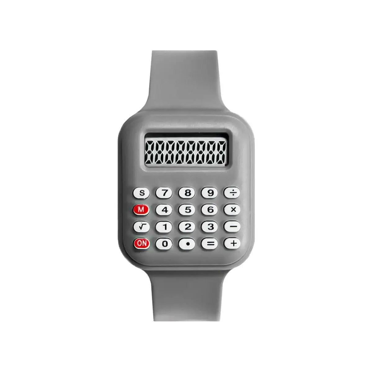 Montre numérique calculatrice pour enfants en silicone gris avec boutons blancs et touches rouges idéale magasins de jouets