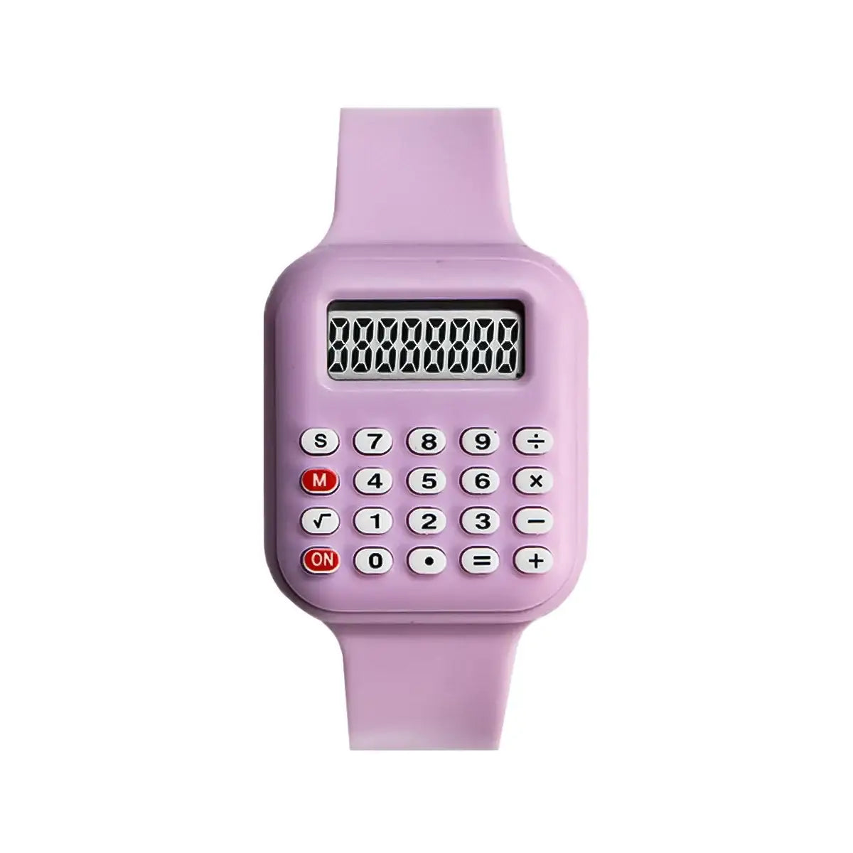Montre numérique calculatrice pour enfants en silicone violet pastel avec boutons blancs idéale pour magasins de jouets