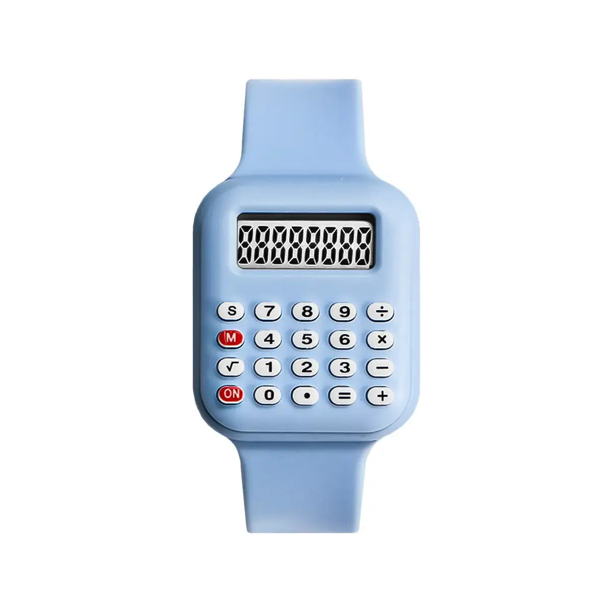 Montre numérique calculatrice enfants en silicone bleu clair avec boutons blancs et touches rouges pour magasins de jouets