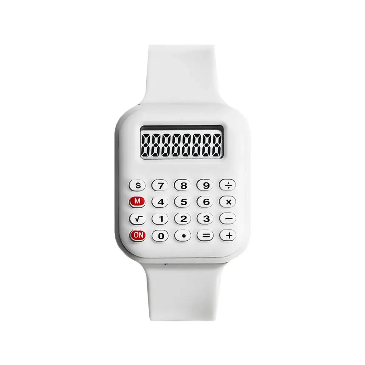Montre numérique calculatrice pour enfants blanche avec design minimaliste et boutons rouges idéale pour magasins de jouets