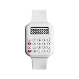 Montre numérique calculatrice pour enfants blanche avec design minimaliste et boutons rouges idéale pour magasins de jouets