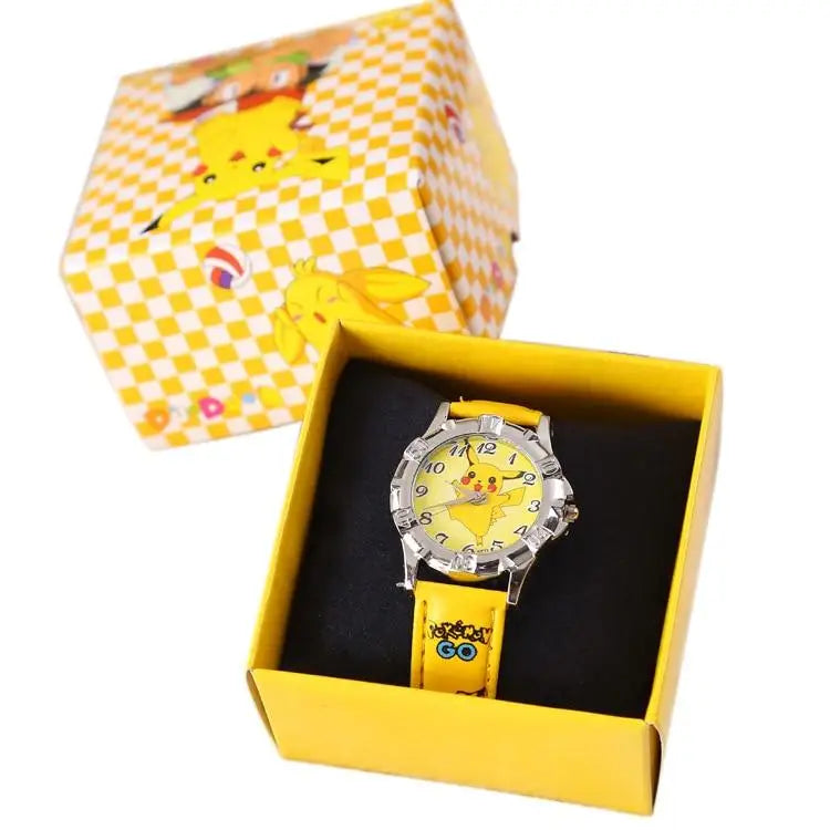 Montre pikachu en silicone jaune pour enfants avec boîtier argenté et bracelet brodé aux yeux pikachu